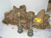 OLD BURLAP SACKS, 2 ANTIQUE LAMPS