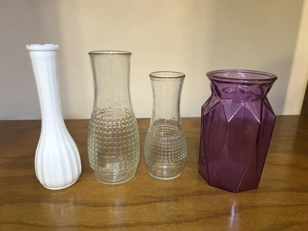 2 Good Seasons Cruets, Milk Glass, Purple Vase