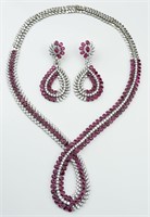 18KWG Ruby & diamond necklace and earring suite.