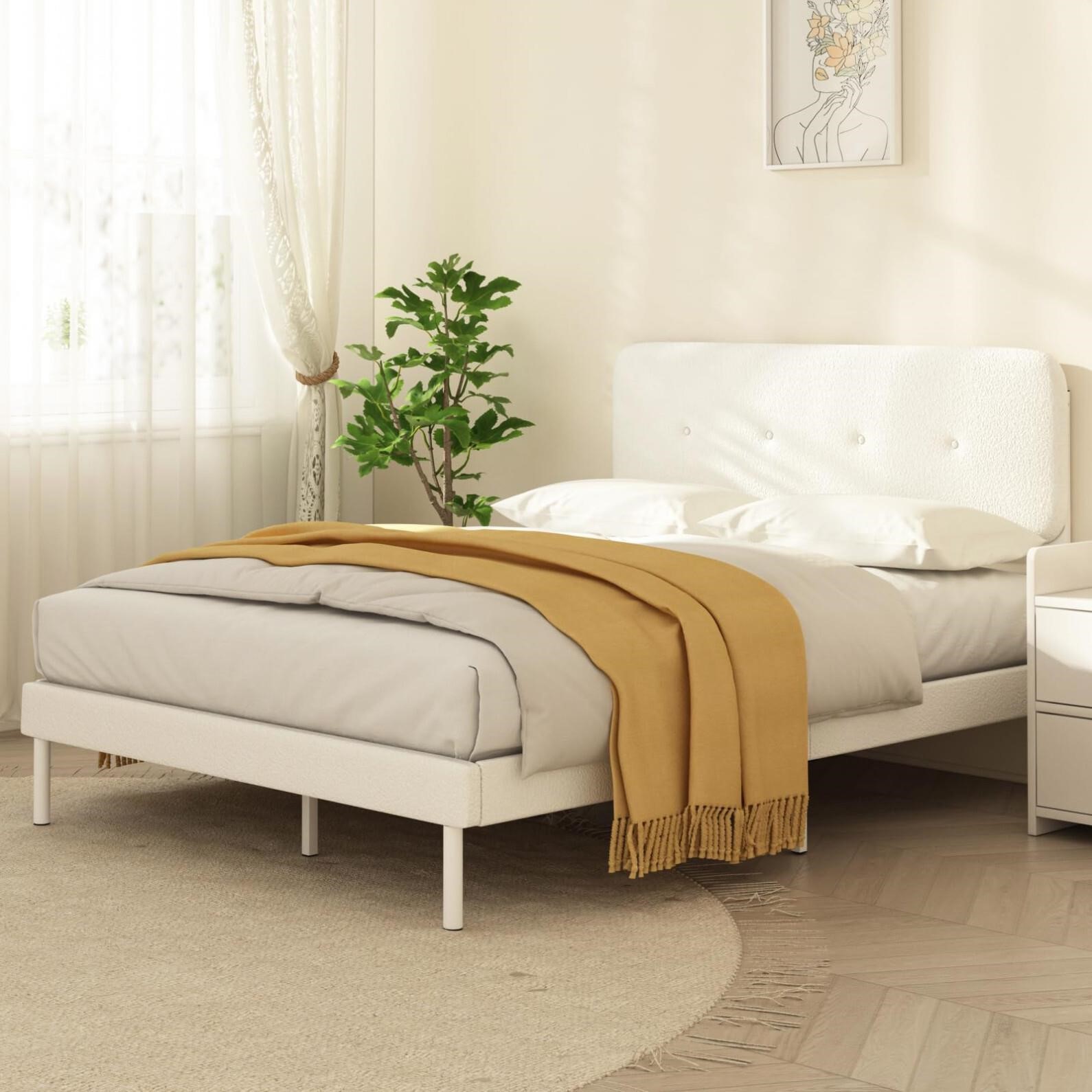 ONBRILL Creamy Boucle Upholstered Bed Frame with A