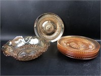 6  vintage marigold carnival glass plates and bowl