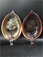 2 x marigold carnival glass leaf serving dishes