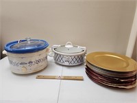 Two Crock Pots & a Stack of Serving Plates-Plastic