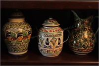 3 Hand Painted Pottery (tea pot, pitcher,urn)