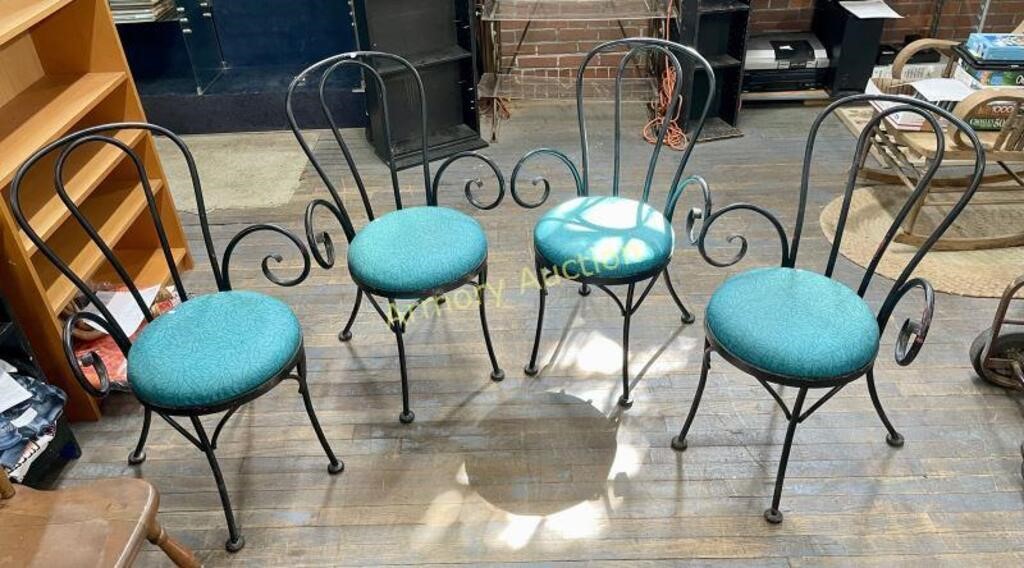 4 WROUGHT IRON CHAIRS W/ BLUE CUSHIONS