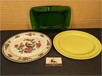 3 platters (green glass, Modernton, Whieldonware)