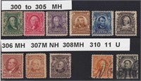 US Stamps #300-305, 307-308, 224 Mint hinged and #