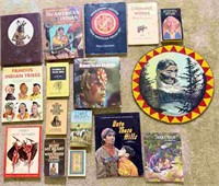 Books and painting of Indian by Terry Mayo, circa