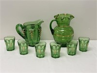 Green & Gold Water Pitchers & 6 Glasses