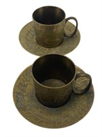 Etched Solid Brass Demitasse Cups and Saucers