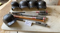 5  helmets, 5 softball bats, tee ball wooden bat