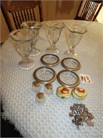 4 ICE CREAM GOBLETS, SILVER PLATED COASTERS,MORE