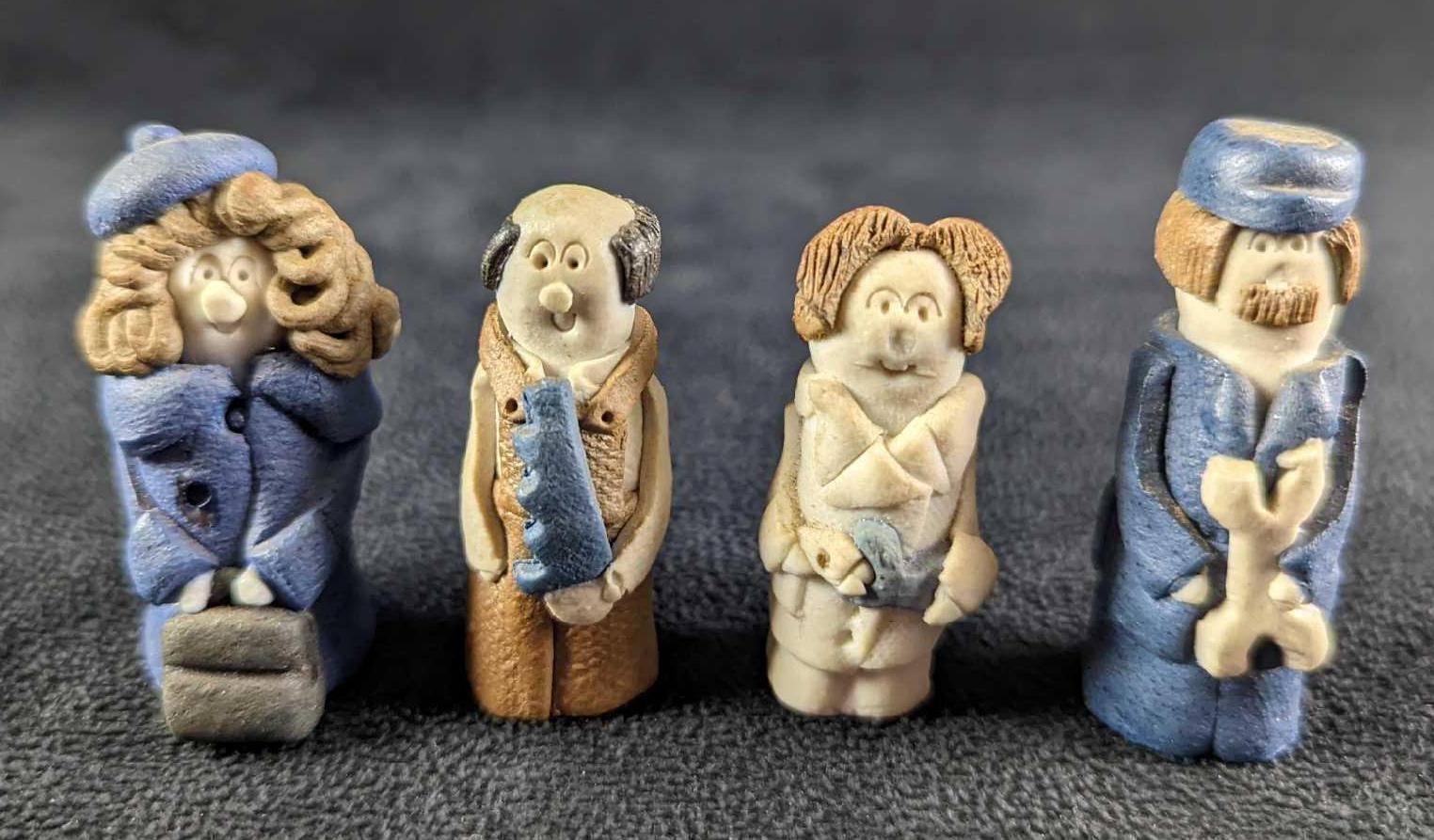 4 Vintage Hand Made Clay Little People Figures