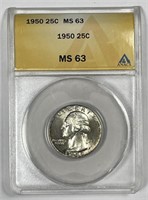 1950 Washington Silver Quarter ANACS MS63