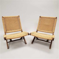 2 mid-century folding lounge chairs with woven
