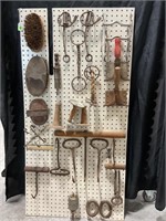 24"X48" PEG BOARD W/VINTAGE HORSE BRUSHES, HAY