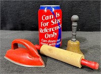 1895 Souvenir Bell, Marx Iron, & Rolling Pin-Lot