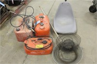 BOAT GAS TANKS, FISHING NET, PLASTIC BOAT SEAT