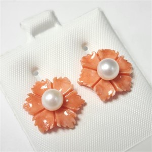 $240 14K  Fresh Water Pearl & Poly Coral 2In1  Ear