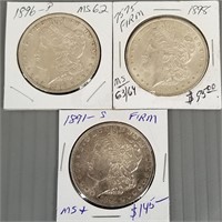 3 U.S. Morgan silver dollars - 1891 S, 1896 P &