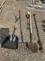 Scoop shovel, pitch fork, augur bit, & shovel