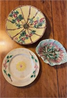 Three antique pieces of majolica pottery