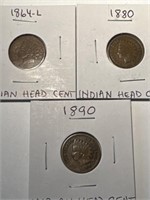 3 Indian Head Pennies:  1864, 1880, 1890