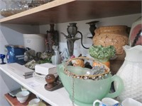 SHELF LOT CROCKS, VASES & ASSORTED COLLECTIBLES