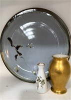 Pottery Platter 16”, Pickard China Vase  7”, Bud