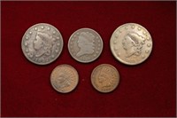 5pc 1828 Half Cent, 1822 & 1831 Large Cent,