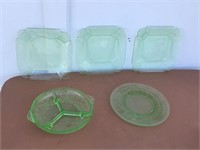 5 PIECES OF GREENGLASS DEPRESSION DISHES