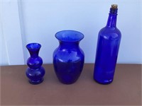 2 COBALT BLUE GLASS VASES AND BLUE BOTTLE