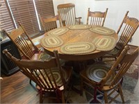 48 IN VINTAGE OAK TABLE  WITH 5 CHAIRS, PLACEMATS