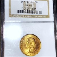 1897 Netherlands Gold 10 Gulden NGC - MS65
