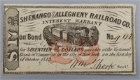1883 Shenango & Allegheny RR Co Warrant