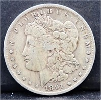 1891O Morgan silver dollar