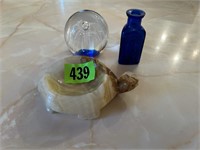 Glass Paperweight, Old Blue Bottle, Stone Turtle