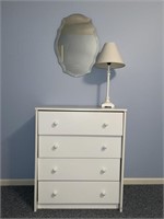 Small Chest of Drawers, Lamp & Mirror