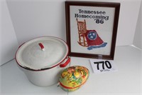 (3) Pc Needlework in Frame, Enamelware Pot,