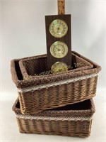 Set of 3 baskets with liners.  Wood barometer