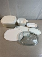 Corning ware dishes and lids. Rubbermaid plastic