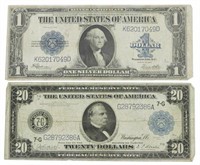 2) US LARGE BILLS, SERIES 1914 $20, SERIES 1923 $1