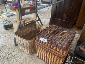 2 WICKER BASKETS AND STOOL