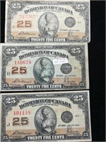 (3) 1923 Dominion Canda 25c Bills