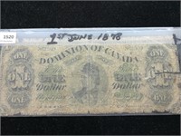 1878 Dominion of Canada One Dollar Bill $1