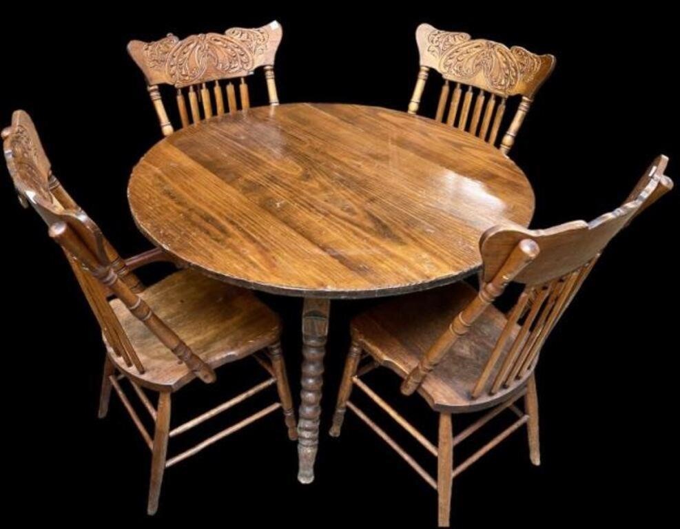 Pine Table w/ Four Pressed Back Chairs.