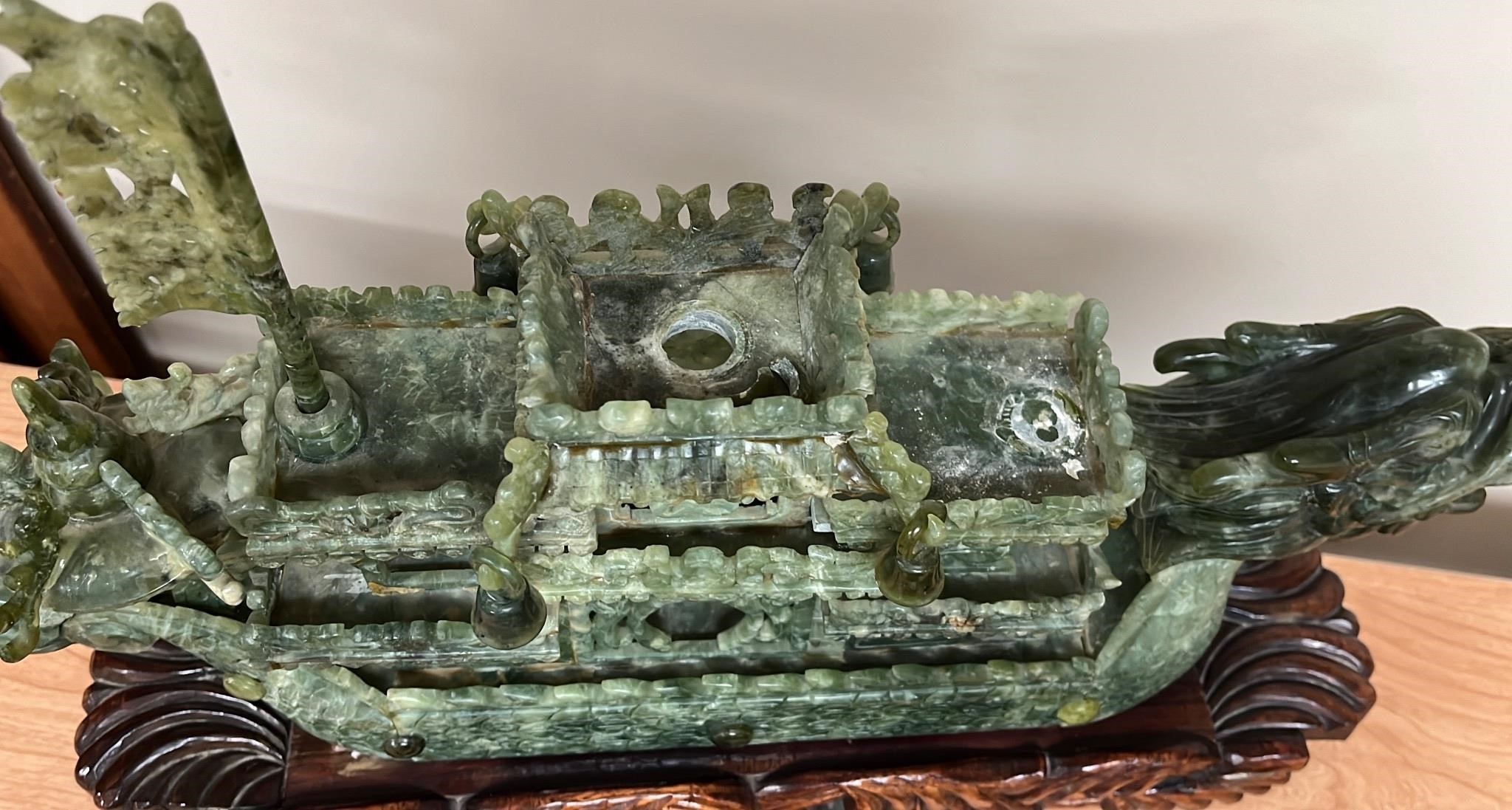 Jadeite Resin Dragon Ship w/Wooden Stand