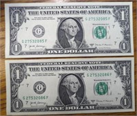 $2 Consecutive serial number $1 banknote