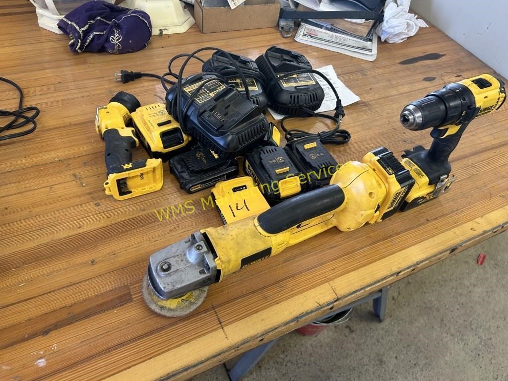 20V Dewalt Drill, Angle Grinder, Light, Chargers,