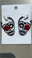 Large skull earrings, black with red rose, 1.5